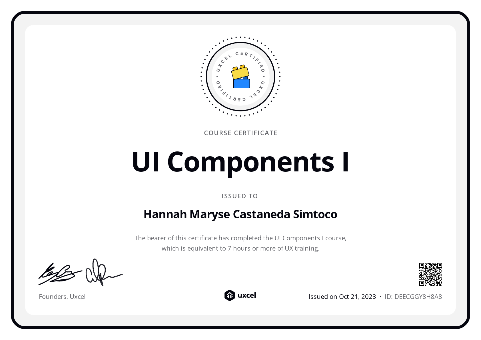 Hannah Maryse Castaneda Simtoco's certificate